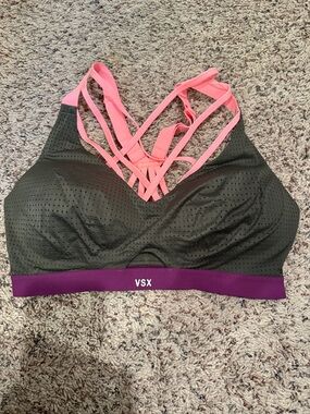 VSX Women's Olive Green Strappy Sports Bralette with Pink Straps